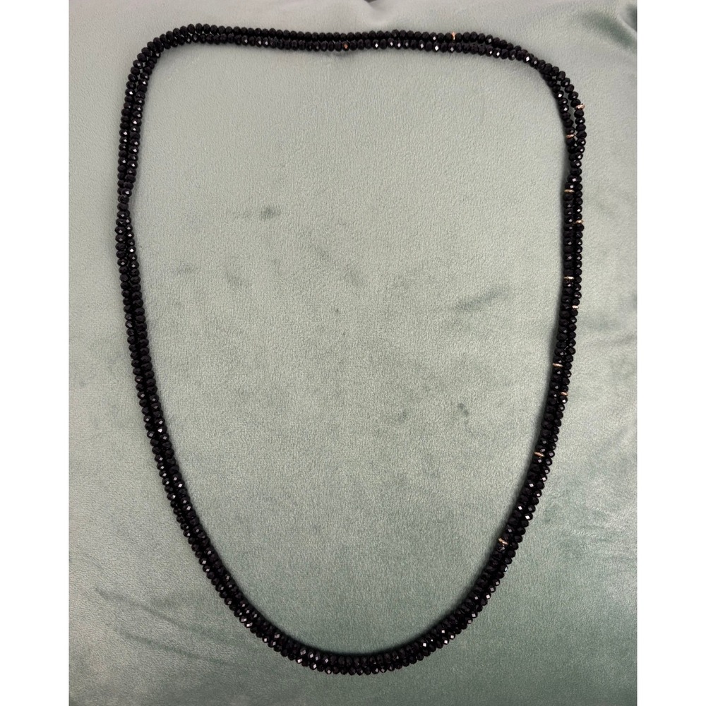 Long Opera Length Faceted Black Bead Strand Necklace Gold Tone Accents P204